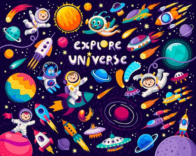 Cartoon Kids Space And Galaxy Astronauts Planets 42520113