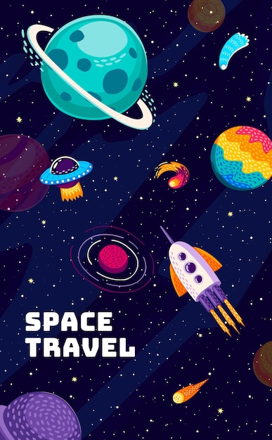 Space Travel Banner Flying UFO And Spaceship Betwe 83358063